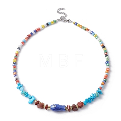 Natural Red Jasper & Howlite Chips & Porcelain Fish Beaded Necklace with Alloy Clasps NJEW-JN04367-1