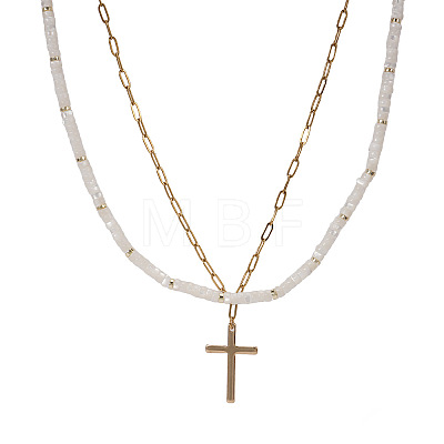 Beach Vacation Style Stainless Steel Religion Cross Pendant Natural White Jade Heishi Beaded Double Layer Necklaces for Women QG1443-1