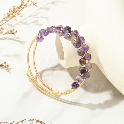 Cube Natural Amethyst & Freshwater Pearl Beaded Copper French Wire Wrap Cuff Bangles BJEW-JB13984-02-1