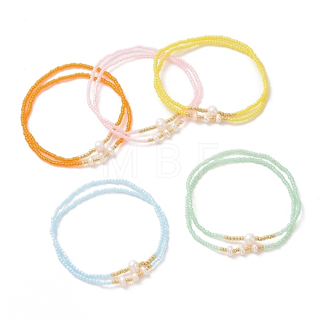 2Pcs 2 Style Glass Seed & Natural Pearl Beaded Stretch Bracelets Set for Women BJEW-JB09356-1
