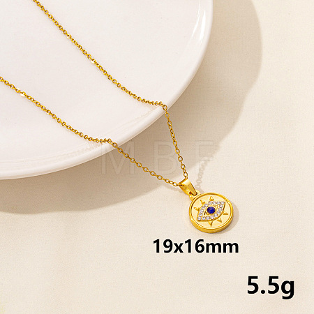 Stylish Stainless Steel Rhinestones Flat Round with Evil Eye Pendant Necklace QQ6499-8-1