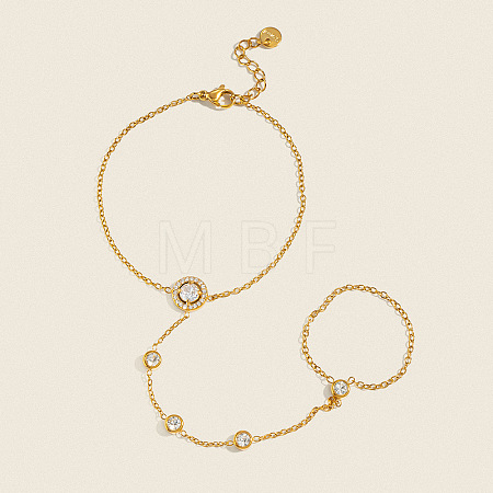304 Stainless Steel Pave Flat Round Clear Cubic Zirconia Hand Chain Ring Bracelets for Women KK9979-1