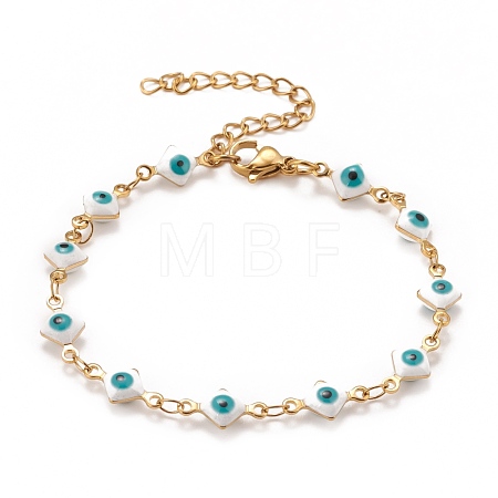 Enamel Rhombus with Evil Eye Link Chains Bracelet BJEW-P271-03G-02-1