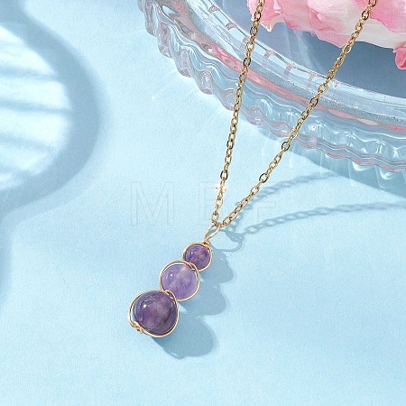 Natural Amethyst Round Beaded Gourd Shape Pendant 304 Stainless Steel Cable Chain Necklaces for Women NJEW-JN05656-02-1