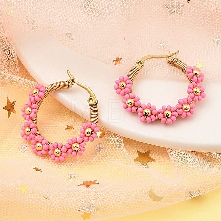 304 Stainless Steel & Bohemian Beaded Flower Hoop Earrings for Women EJEW-R001-02G-03-1