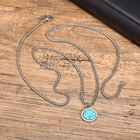 Synthetic Turquoise 304 Stainless Steel Coin Pendant Necklaces for Men WG41827-03-1