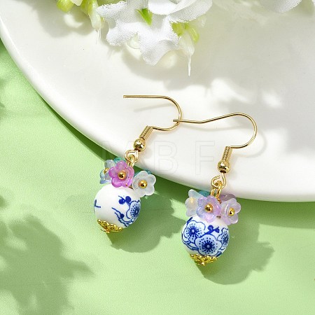 Handmade Flower Printed Porcelain Ceramic Dangle Earrings EJEW-JE07288-02-1