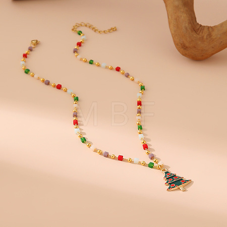 Christmas Alloy & Brass Red and Green Enamel Pendant Colorful Resin Beaded Necklaces for Women FS-WGF8F07-06-1