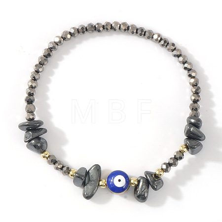 Synthetic Non-magnetic Hematite Chip & Brass Evil Eye & Glass Beaded Stretch Bracelets for Daily Wear PI9480-5-1