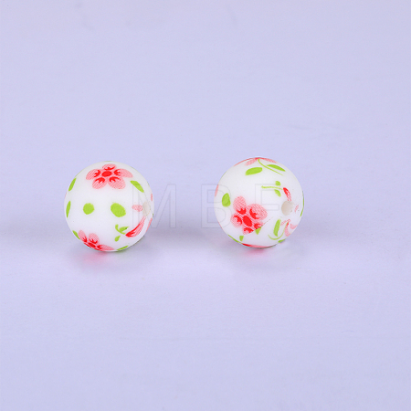 Printed Round with Flower Pattern Silicone Focal Beads SI-JX0056A-169-1
