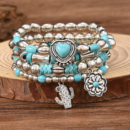 4Pcs 4Pcs Synthetic Turquoise & CCB Beaded Stretch Bracelets FS-WGC8DBE-02-1