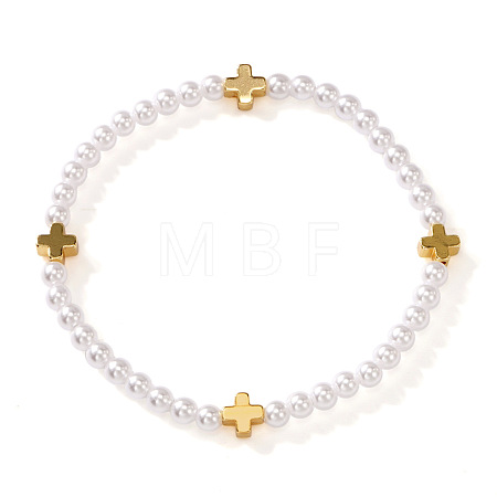 Summer Brass Cross and Round Imitation Pearl Beaded Stretch Bracelets for Women NA3901-1