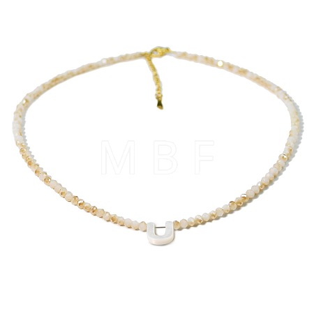 Natural White Shell Letter Faceted Glass Beaded Necklaces with 304 Stainless Steel End Chains SS7282-20-1