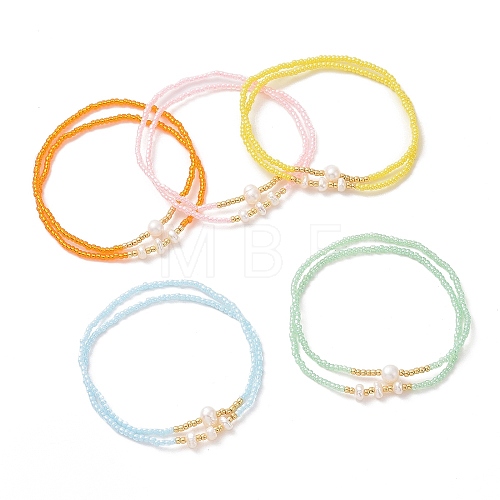 2Pcs 2 Style Glass Seed & Natural Pearl Beaded Stretch Bracelets Set for Women BJEW-JB09356-1