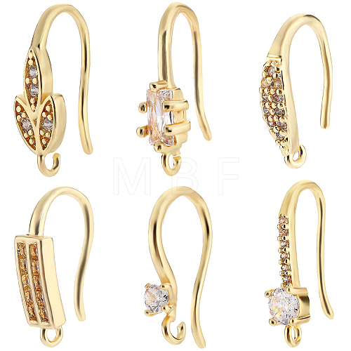 12 Pairs 6 Style Brass Micro Pave Clear Cubic Zirconia Earring Hooks ZIRC-BBC0002-23-1