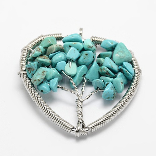 Tree of Life Synthetic Turquoise Bead Brass Wire Wrapped Heart Big Pendants KK-L136-04A-NR-1