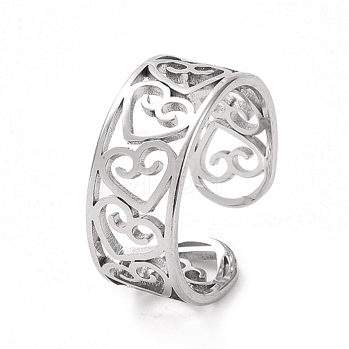 304 Stainless Steel Hollow Out Heart Open Cuff Ring for Women RJEW-C053-06P-1