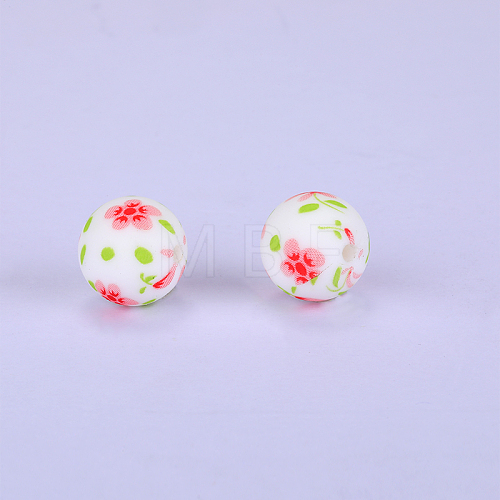 Printed Round with Flower Pattern Silicone Focal Beads SI-JX0056A-169-1