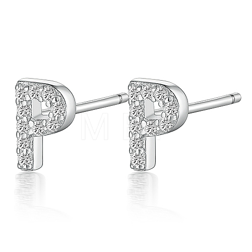 Rhodium Plated 925 Sterling Silver Initial Letter Stud Earrings HI8885-16-1