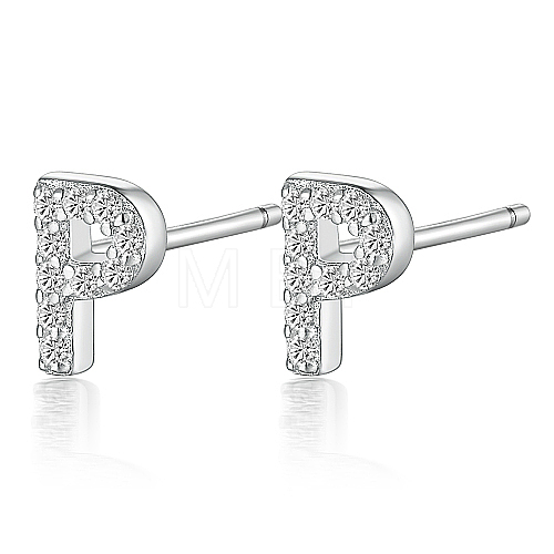 Anti-Tarnish Rhodium Plated 925 Sterling Silver Initial Letter Stud Earrings HI8885-16-1