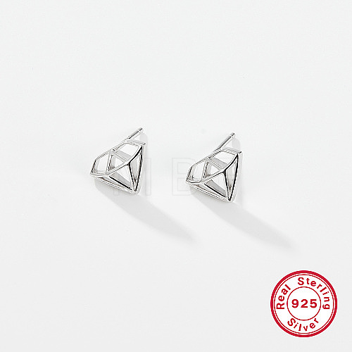 Diamond Shaped Rhodium Plated 925 Sterling Silver Stud Earrings for Women CC0572-1-1