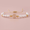 Adjustable Brass Flat Round with Religion Cross & Imitation Pearl Braided Bead Bracelets for Women FT2047-4