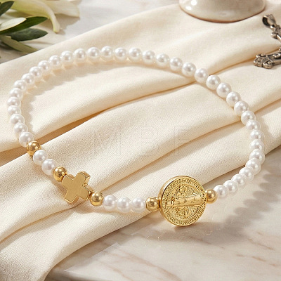 Adjustable White Round Imitation Pearl and Brass Cross Saint Benedict Beaded Bracelets MA5671-1