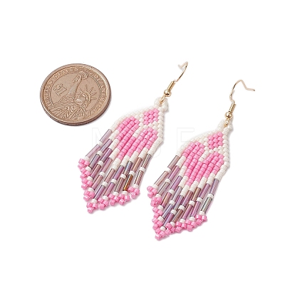 Heart Glass Seed Beaded Tassel Dangle Earrings for Women EJEW-MZ00201-02-1