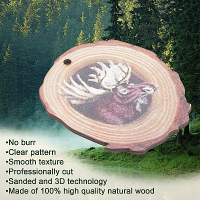 CREATCABIN 1 Set Flat Round & 3D Elk Pattern Wooden Pendant Decorations HJEW-CN0001-16-1
