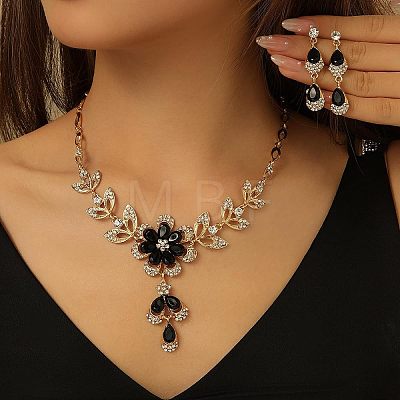 Flower Alloy Rhinestone Pendant Necklaces & Teardrop Stud Dangle Earrings Sets FS-WG19EE6-06-1