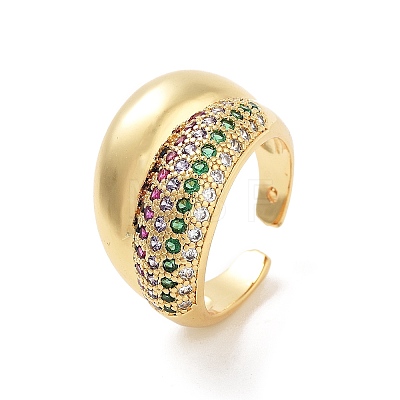 Brass Micro Pave Colorful Cubic Zirconia Open Cuff Ring for Women RJEW-Z055-03G-02-1