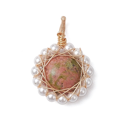 Copper Wire Wrapped Natural Black Agate/Green Aventurine/Rose Quartz/Unakite/Carnelian Pendants PALLOY-JF02891-1