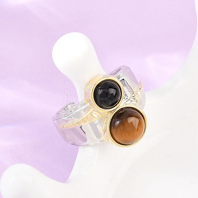Natural Black Agate & Natural Tiger Eye with Brass Cuff Open Rings RJEW-B163-01GP-02-1