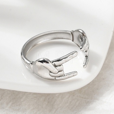 304 Stainless Steel Rock & Roll Hand Gesture Cuff Rings for Women Men RJEW-B118-02P-1