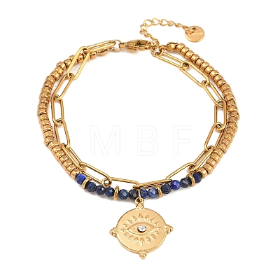 Bohemian 304 Stainless Steel Chain & Natural Lapis Lazuli Beads Double Layers Bracelets BJEW-C150-01E-G-1