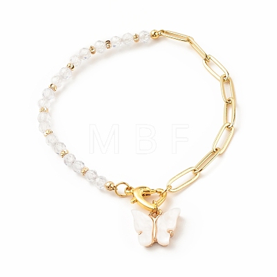 Cubic Zirconia Beaded Bracelet with Brass Paperclip Chains BJEW-JB08045-02-1