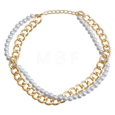 Imitation Pearl Round Beaded and Alloy Twisted Chain Braided 2-Strand Necklaces for Women WG9B514-01-1