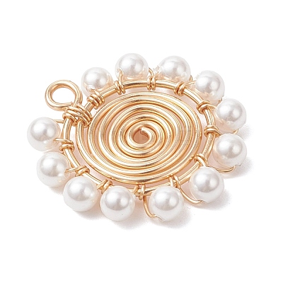 4Pcs 4 Styles Shell Pearl Round Beaded Copper Wire Wrapped Pendants PALLOY-TA00328-1
