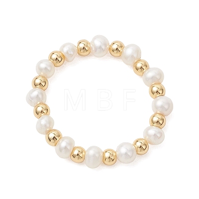 Natural Pearl & Brass Bead Finger Rings for Women RJEW-JR00963-01-1