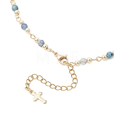 Faceted Dyed Natural Agate Round Beads & 304 Stainless Steel Tiny Cross Handmade Link Chain Necklaces NJEW-JN05842-01-1