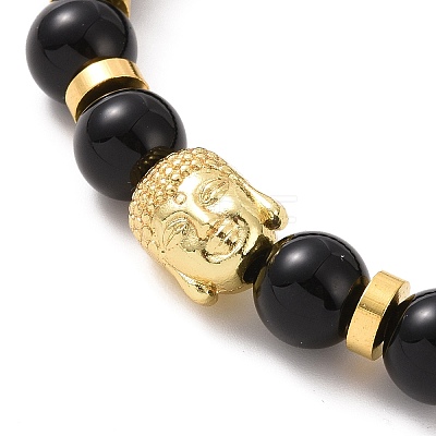 Synthetic Black Stone & Alloy Buddha Head Beaded Strech Bracelets BJEW-JB09420-02-1