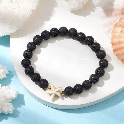 Round Natural Lava Rock Beaded Stretch Bracelets BJEW-JB10276-03-1