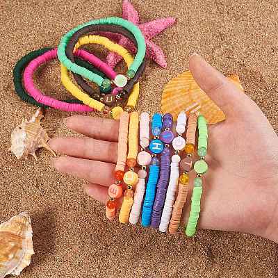 Handmade Polymer Clay Alphabet & Heishi Beads Stackable Stretch Bracelets Set BJEW-SZ0002-10-1
