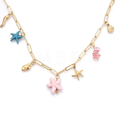 304 Stainless Steel Starfish & Shell & Conch Pendant Necklaces NJEW-N063-01G-1