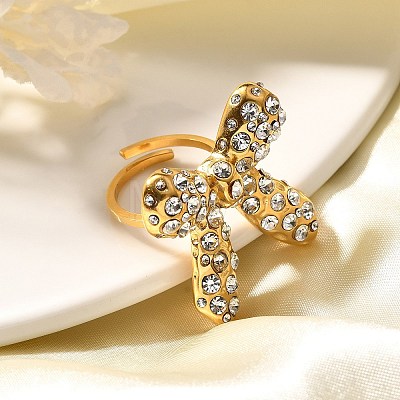 Bowknot 304 Stainless Steel Rhinestone Cuff Rings for Women RJEW-A058-01B-G-1