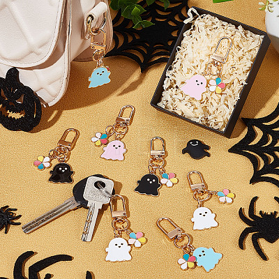 8Pcs 4 Colors Halloween Ghost Colorful Flower Alloy Enamel Pendant Decorations HJEW-CP0001-07-1