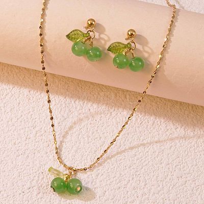 Cherry 304 Stainless Steel Glass Pendant Necklaces & Stud Dangle Earrings Sets WGB239D-03-1