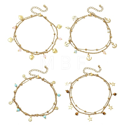 Round Natural Mixed Gemstone & 304 Stainless Steel Charm 2-Strand Anklets for Women AJEW-AN00816-1
