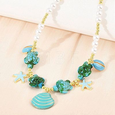 Ocean Brass Enamel Starfish Shell Shape Pendant Round ABS Imitation Pearl Beaded Necklaces KK-CBA4547-04B-G-1