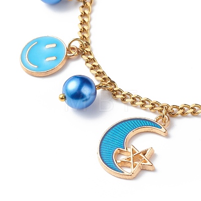 Alloy Enamel & Glass Pearl Charm Bracelet with 304 Stainless Steel Chains for Women BJEW-JB08707-02-1